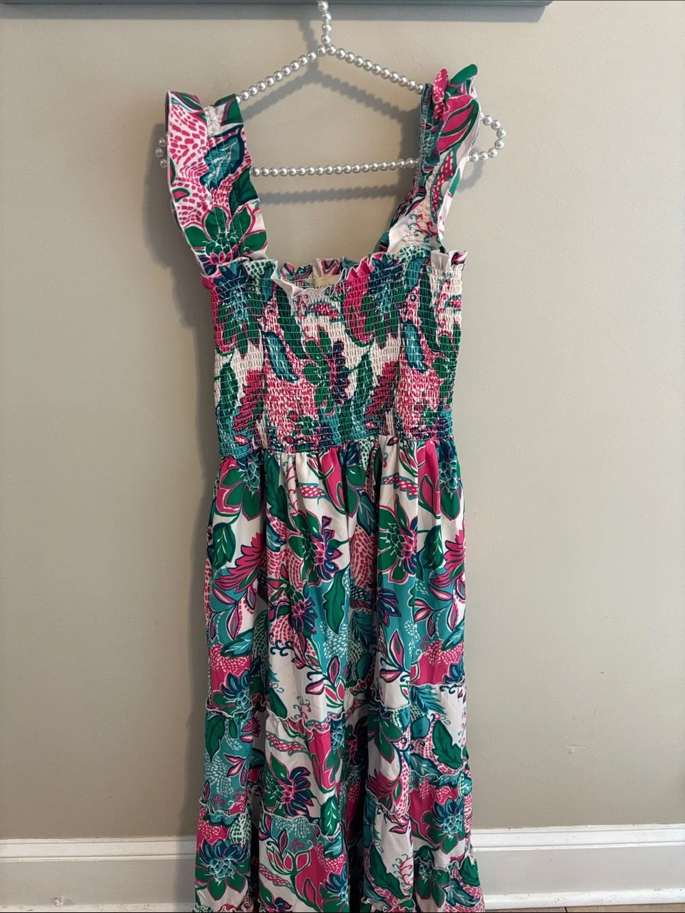MELLODAY Smocked Tiered Maxi Dress M Medium Pink Blue Floral Ruffle Cap Sleeve